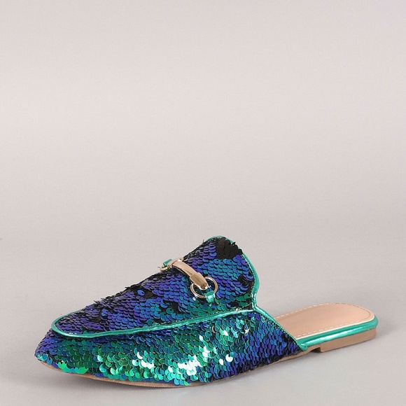 Bella Marie Shoes - SZ 7.5 Slip On Sequin Loafer Mules Flat Slippers